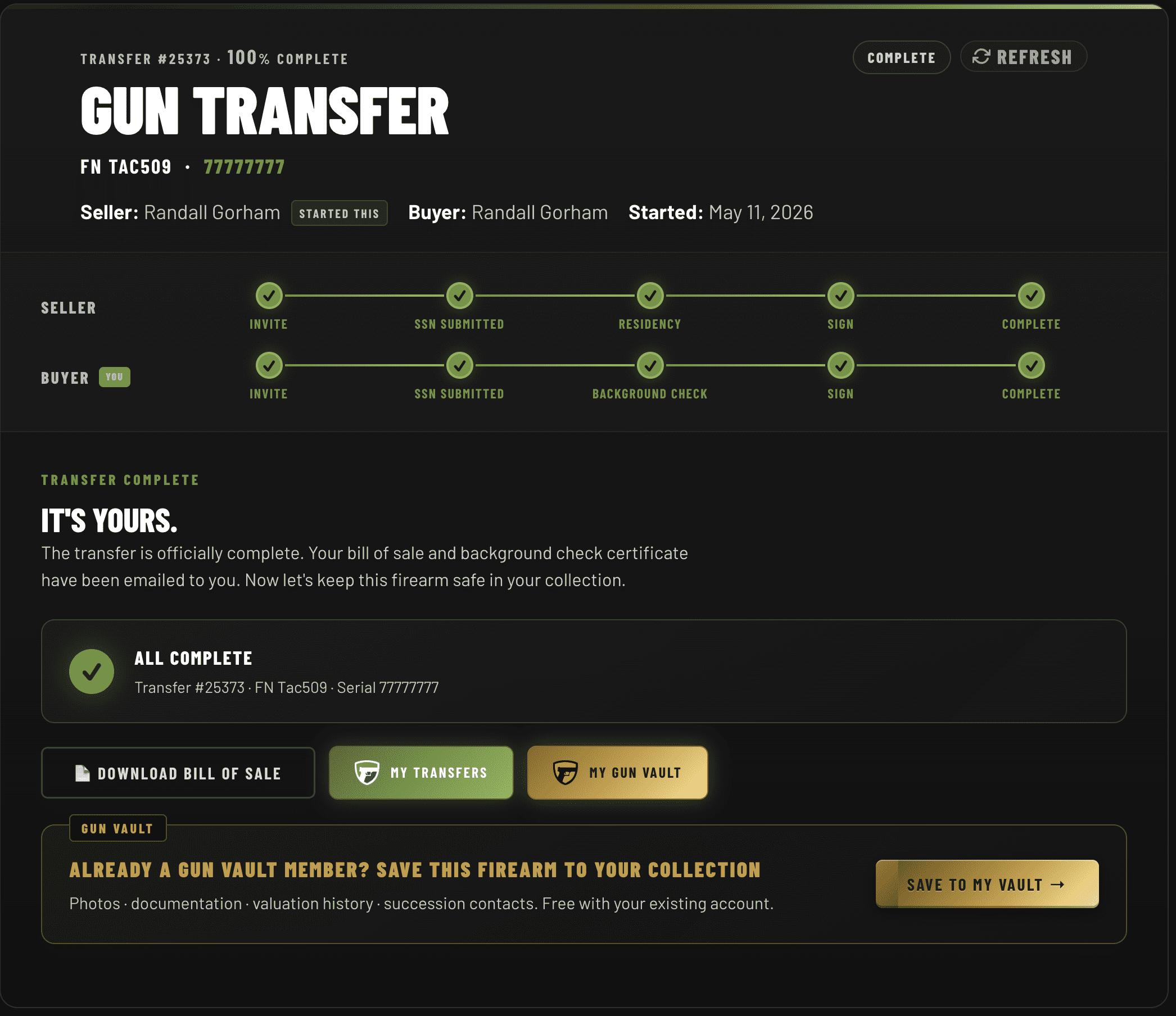 Completed Gun Transfer — bill of sale and background check, saved in your Gun Vault
